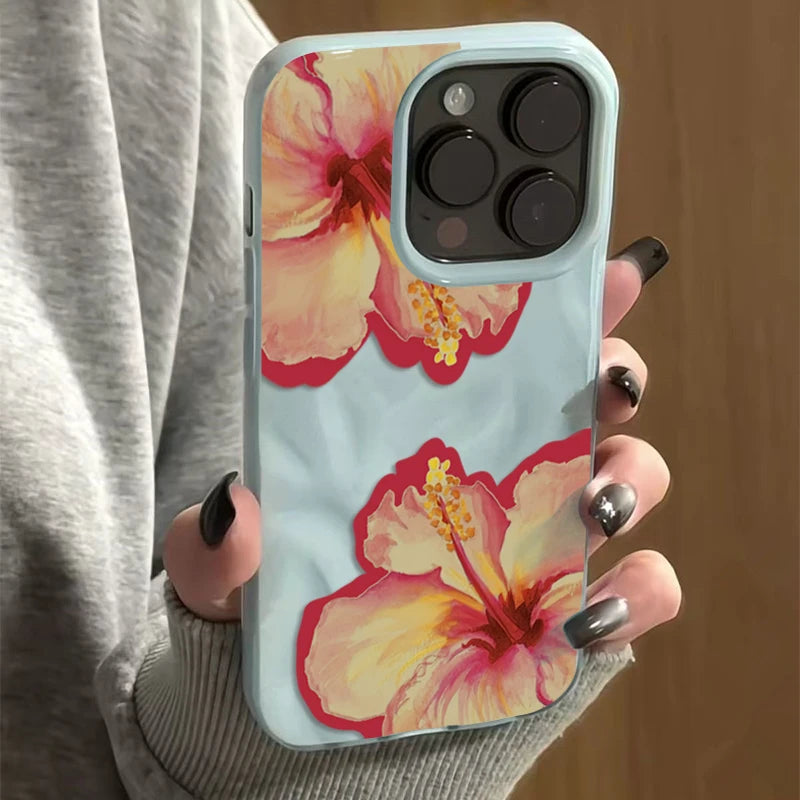 Elegant Pink Hibiscus Flower Folds Texture Phone Case for Iphone 16 17 Pro Max Air 15 14 13 12 11 16 15 plus Cover Soft Funda