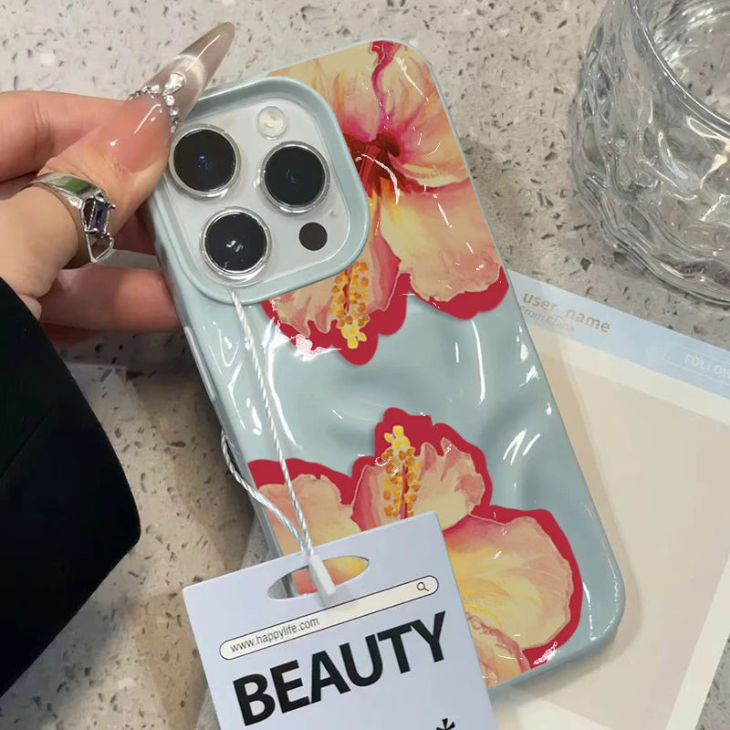Elegant Pink Hibiscus Flower Folds Texture Phone Case for Iphone 16 17 Pro Max Air 15 14 13 12 11 16 15 plus Cover Soft Funda