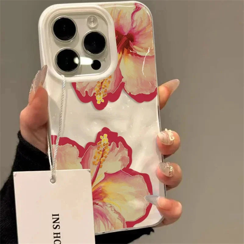 Elegant Pink Hibiscus Flower Folds Texture Phone Case for Iphone 16 17 Pro Max Air 15 14 13 12 11 16 15 plus Cover Soft Funda