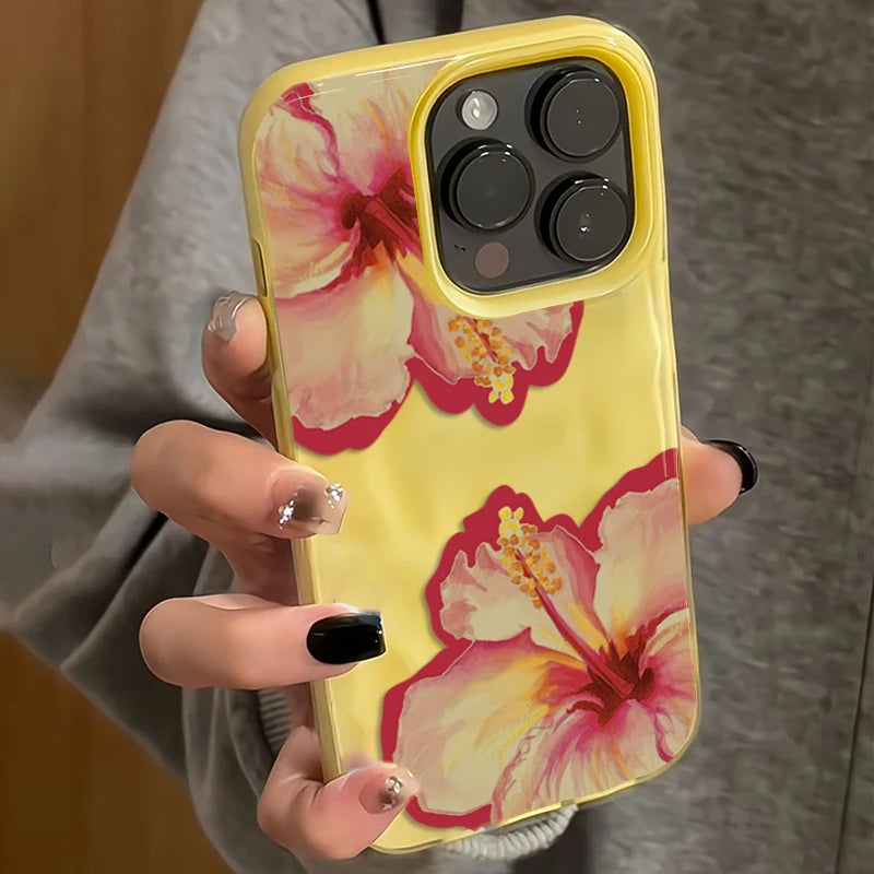 Elegant Pink Hibiscus Flower Folds Texture Phone Case for Iphone 16 17 Pro Max Air 15 14 13 12 11 16 15 plus Cover Soft Funda