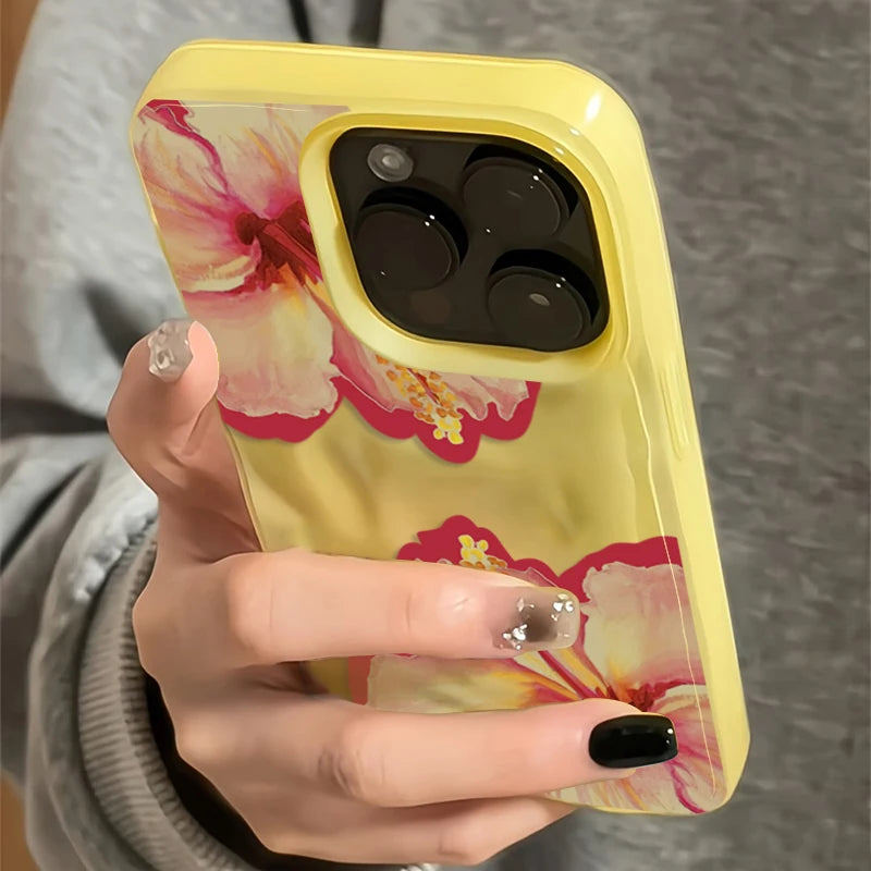 Elegant Pink Hibiscus Flower Folds Texture Phone Case for Iphone 16 17 Pro Max Air 15 14 13 12 11 16 15 plus Cover Soft Funda