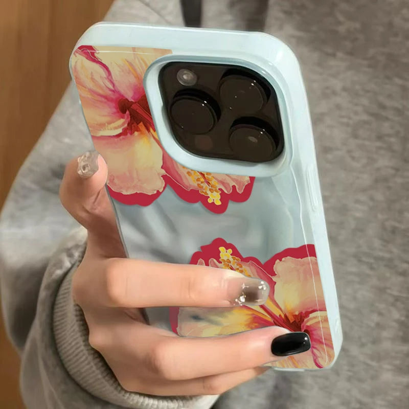 Elegant Pink Hibiscus Flower Folds Texture Phone Case for Iphone 16 17 Pro Max Air 15 14 13 12 11 16 15 plus Cover Soft Funda