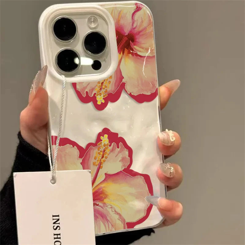 Elegant Pink Hibiscus Flower Folds Texture Phone Case for Iphone 16 17 Pro Max Air 15 14 13 12 11 16 15 plus Cover Soft Funda